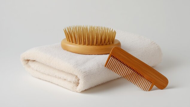 Natural bamboo hair care accessories including a gentle bristle brush and a smooth tooth comb resting on a folded white cotton towel. Light background