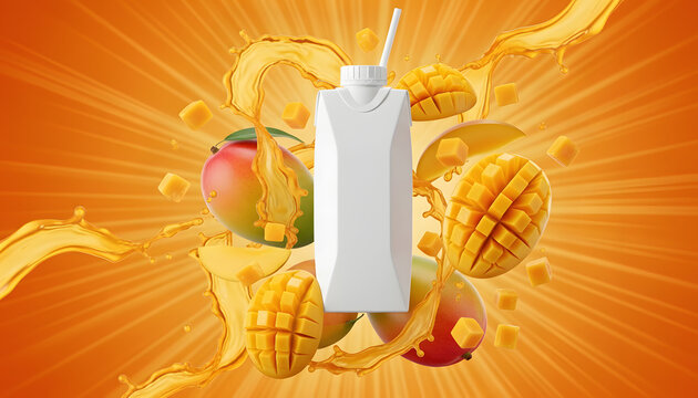 Fresh mango juice carton with sliced fruit and splashes on orange background