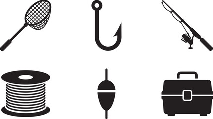 Fishing Equipment Icons Set, Vector Silhouette Fishing Line Spool and Tackle Elements © Open Expression