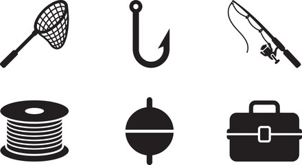 Fishing Equipment Icons Set, Vector Silhouette Fishing Tackle and Line Spool Elements © Open Expression