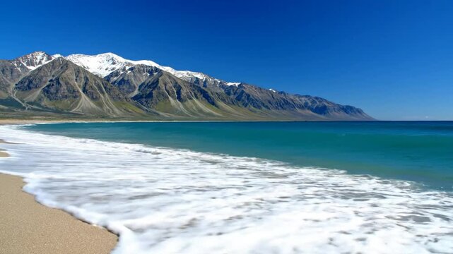 Scenic Beach with Turquoise Ocean Waves Crashing on Sandy Shoreline and Snow Capped Mountain Range against Clear Blue Sky