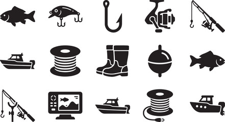 Fishing equipment line gear and tackle silhouette vector icons set © Open Expression