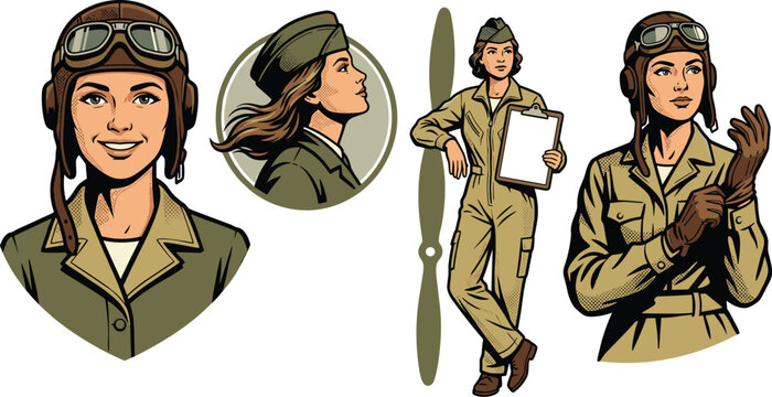 Retro Vintage Wasp Female Aviator Vector Set Featuring Women Pilots Wearing Flight Suits Goggles Helmets and Propeller Design Element Graphic Illustration