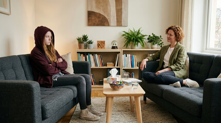 Fototapeta premium Depressed teenage girl in therapy session, rebellious adolescent talking to female psychologist, mental health counseling for youth in cozy office