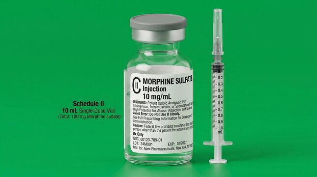 Morphine Injection Vial and Syringe on Green Screen Background