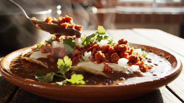 Delicious and Flavorful Tostadas with Chorizo, Beans, and Toppings Served on Rustic Brown Plate