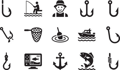 Fishing hooks and outdoor tackle gear solid silhouette icons set with fisherman avatar symbols © Open Expression