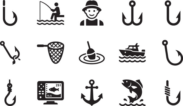 Fishing hooks and outdoor tackle gear solid silhouette icons set with fisherman avatar symbols