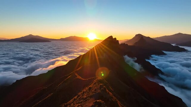 Epic sunrise over mountain ridge with sea of clouds providing breathtaking natural landscape scenery