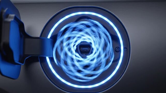Close up of electric vehicle charging port with glowing blue LED lights.