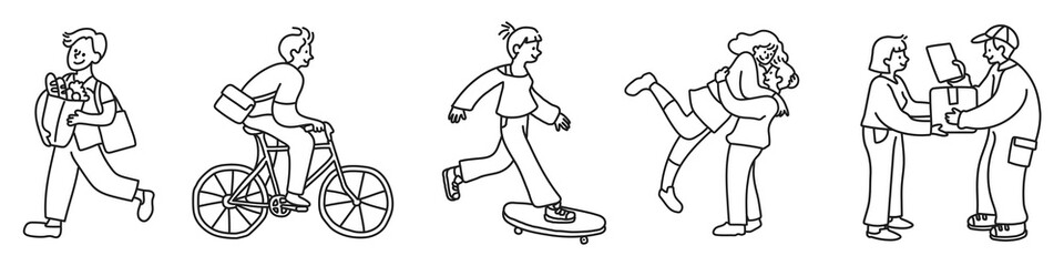 Obraz premium Vector illustration of diverse men and women walking, cycling, skateboarding, and interacting.