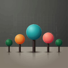 Vibrant colored spheres arranged on black stands on a gray surface © John