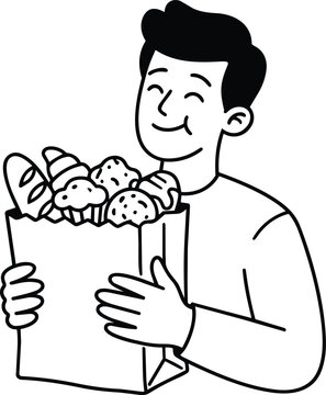man character enjoy holding take away bakery bag bakery and pastry people line illustration