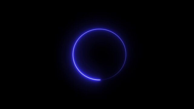 Glowing blue circle rotating slowly on black background with neon light effects. animation
