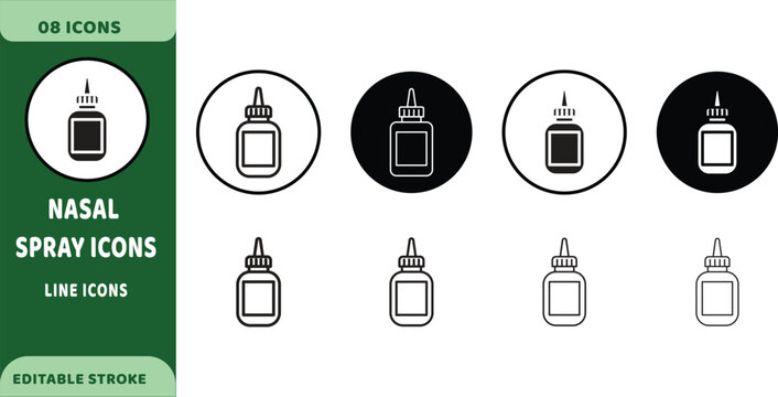 Nasal spray and nose vector icons. Rhinitis and allergy line signs set. Stuffy nose medical icon