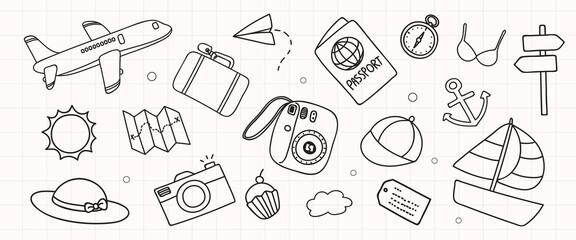 Vector travel icons: airplane, passport, camera, map, hat, and more. © Rawpixel.com