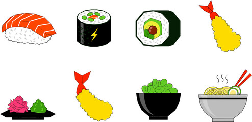 Japanese Sushi and Asian Cuisine Food Vector Icon Set Featuring Salmon Nigiri, Maki Rolls, Fried Shrimp Tempura, Edamame Bowl, and Steaming Ramen Noodle Bowl © MdMohsin
