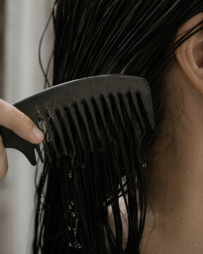 Black Wide Tooth Comb Gliding Through Wet Hair