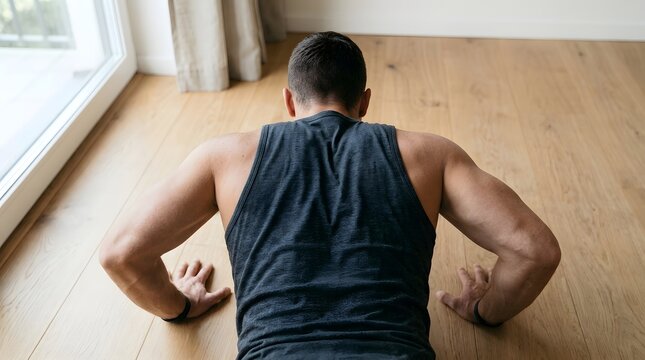 Strong man performing push up exercise on wooden floor in bright room during home workout.