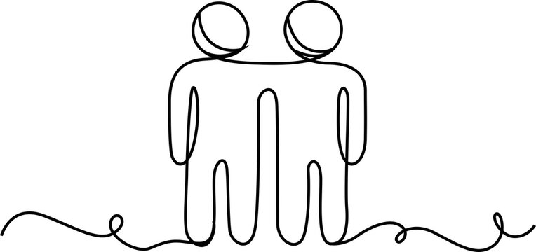 Two people standing together as a continuous line drawing isolated on transparent background