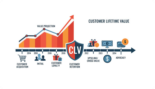 Infographic illustrating the customer lifetime value (CLV) journey, from acquisition and loyalty to retention, upsell, and advocacy, with a value projection graph over time.