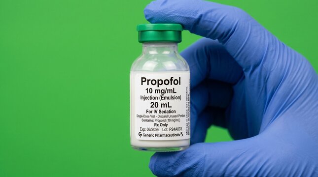 Hand in Blue Glove Holding Propofol Vial Against Green Screen Background