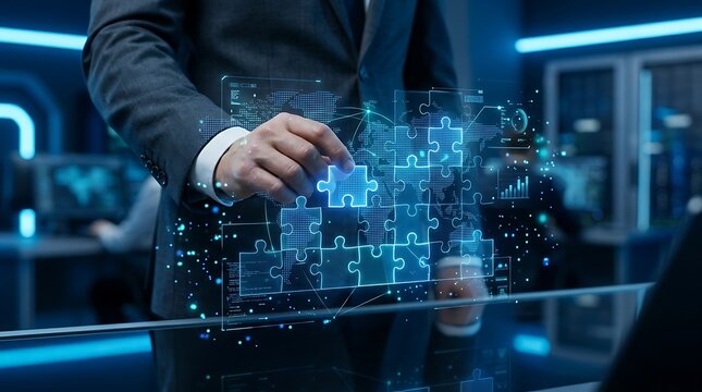 Global business strategy and problem solving concept with businessman assembling futuristic glowing digital jigsaw puzzle piece into worldwide network map.
