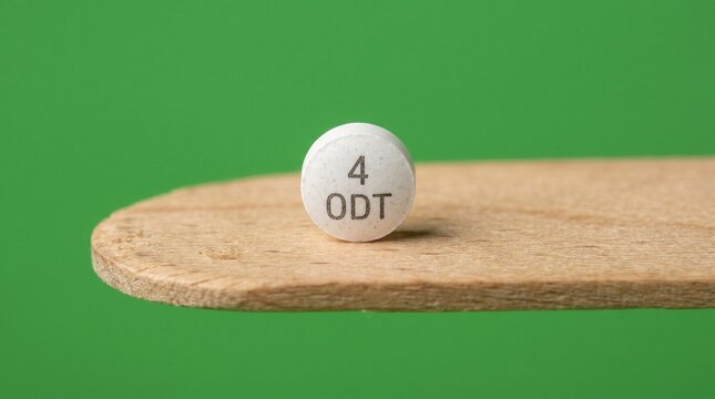Macro view of a white ODT pill with the number 4 imprinted on a wooden stick against a green background