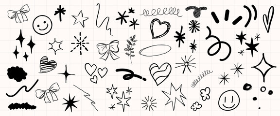 Fototapeta premium Vector doodles: stars, hearts, bows, and smiley faces on a grid background.