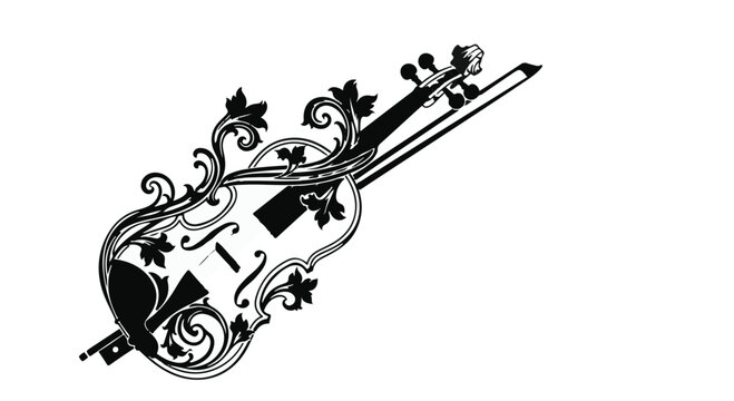 Violin decorated with elegant floral and leaf patterns represents classical music.