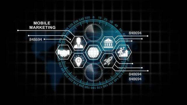 Advanced mobile marketing digital interface featuring global business and data analytics hud for corporate strategy presentations and modern tech communication projects