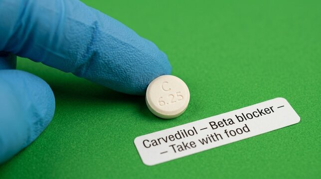 Close-up pill on green surface with beta blockers text and carvedilol medication concept