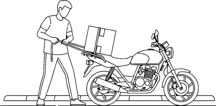 Delivery person loading package onto motorcycle for shipping.