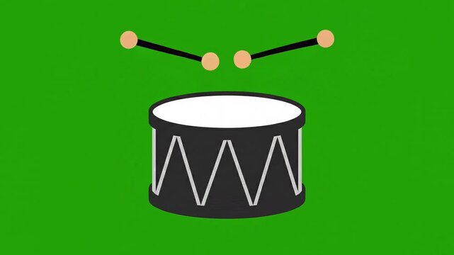 Animated drum icon with moving sticks on green screen background playing a rhythmic beat loop