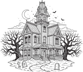 Obraz premium Haunted mansion illustration a spooky gothic revival structure surrounded by bare trees and a crescent moon