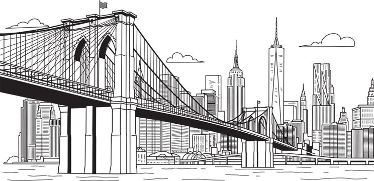 Sketch of the new york city skyline featuring the brooklyn bridge and empire state building