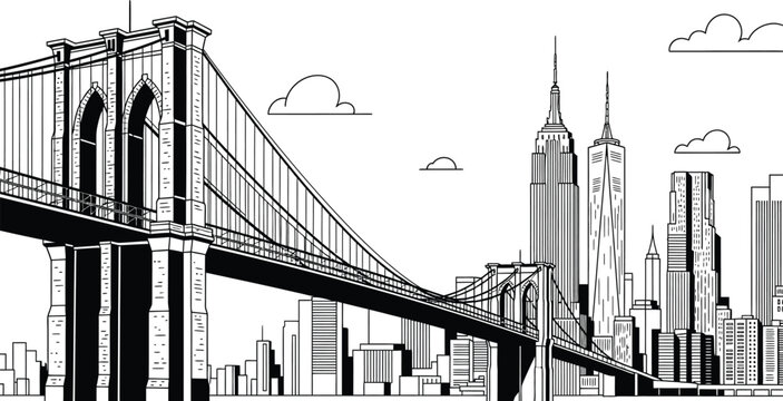 Sketch of the new york city skyline featuring the brooklyn bridge and manhattan buildings