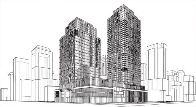 Architectural sketch of modern skyscrapers a detailed urban landscape rendering