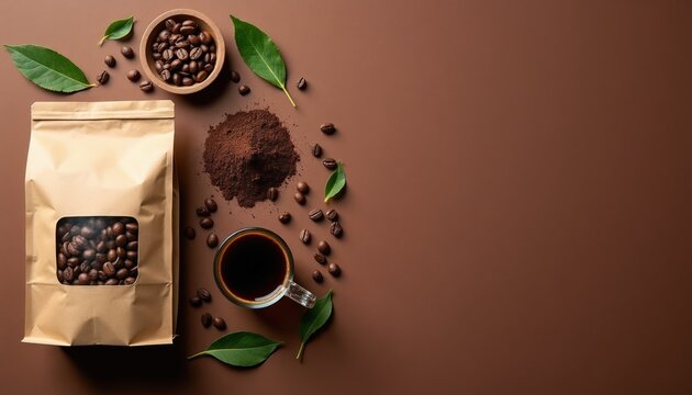 Coffee beans, ground powder, and green leaves arranged on brown surface. Bag of whole beans, cup of dark coffee, and wooden bowl fill frame. Top view composition.