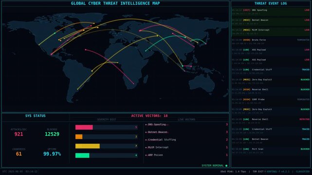 Cybersecurity dashboard animation featuring a global threat intelligence map and live attack log
