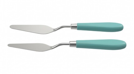 Obraz premium Two Professional Metal Palette Knives with Teal Handles Isolated on White Background, Essential Tools for Oil Painting Techniques