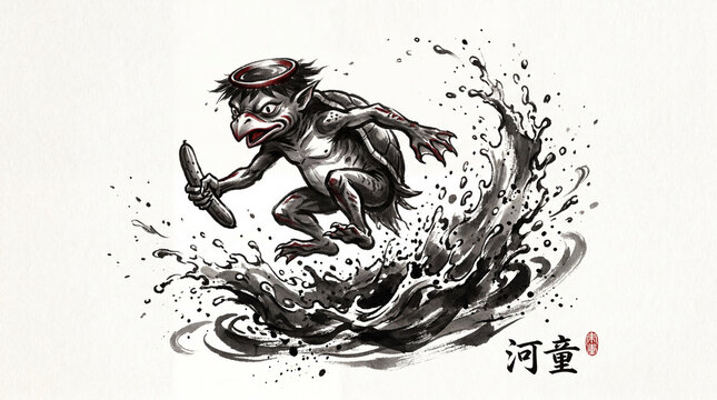 Japanese Folklore Kappa Creature Emerging From Water.