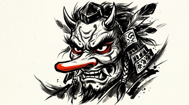 Japanese Tengu mask with fierce expression and long nose.