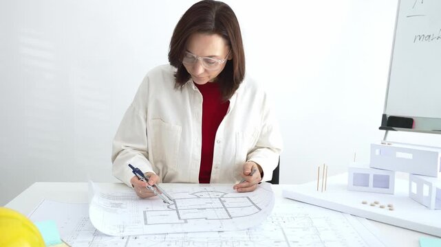 Architect working on new residential project using laptop, reviewing blueprints and drafting floor plans for modern building design with a 3d model on office desk
