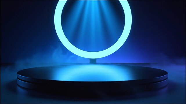 Futuristic neon blue circular podium display stand with smoke background