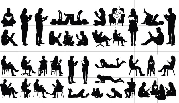 People Reading Books and Digital Devices Silhouette Collection Isolated Set of Different Reading Poses and Positions