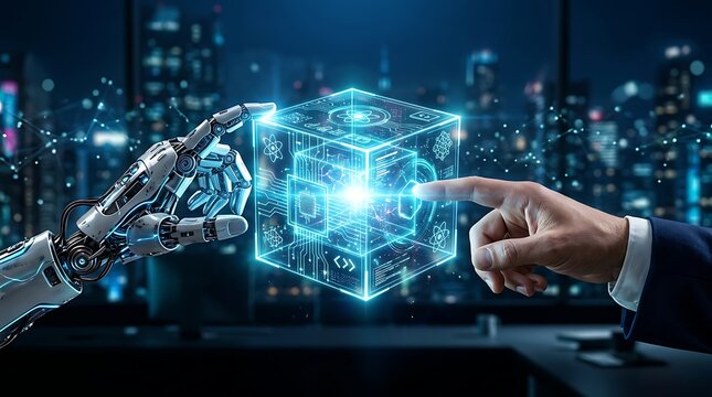 Corporate businessman and robot hands touching glowing microchip cube hologram showing artificial intelligence and deep learning concept