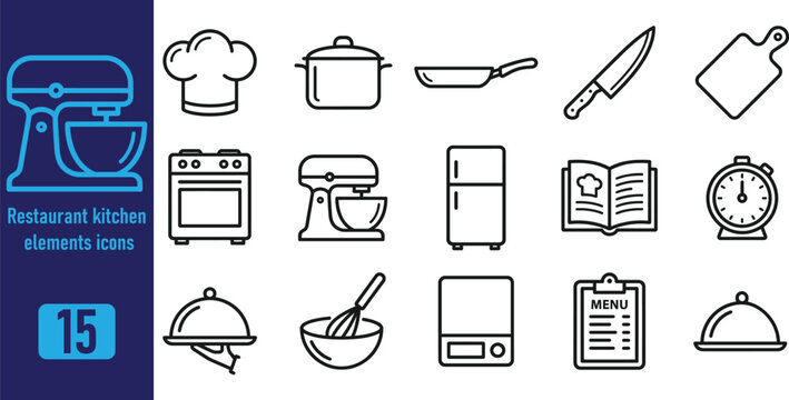 Set of 15 restaurant kitchen elements icons, including chef hat, pot, pan, knife, cutting board, stove, mixer, fridge, cookbook, timer, serving tray, whisk, scale, menu, and food cloche