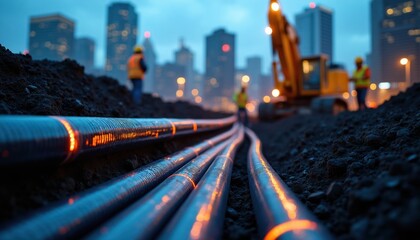 Fototapeta premium Workers install new pipes for utility infrastructure near city buildings. Excavator machine helps workers dig trench for underground conduit system. Dusk light illuminates construction site with