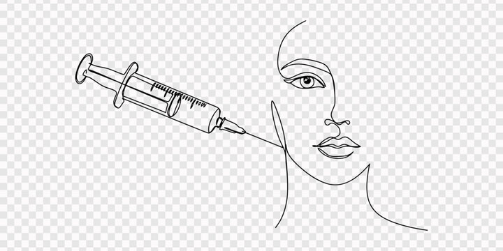 Continuous one line drawing of hand holding syringe lips injection. Beauty procedures, fillers, lip augmentation. Beauty surgery concept. Beauty injection one line isolated on white background. style.